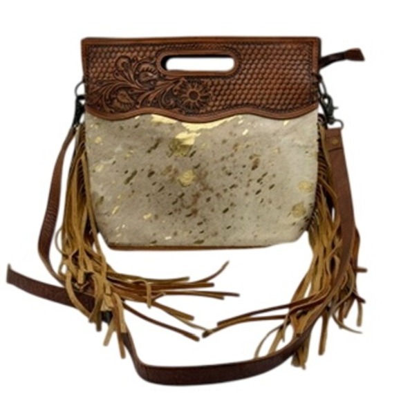 American Darling Handbags - American Darling Tooled Leather Hair on Hide Gold Fringe Crossbody Bag Brown